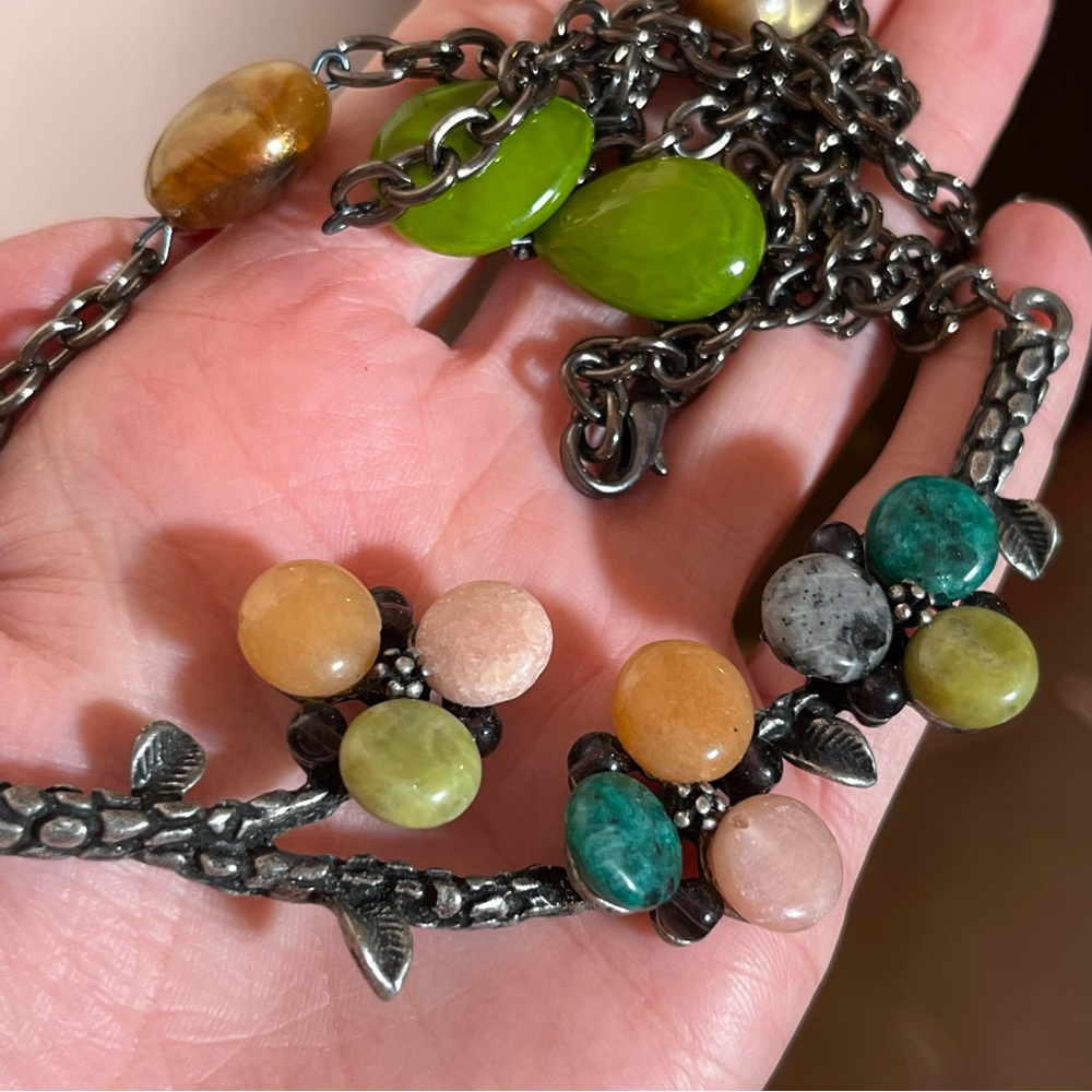 Vintage Boho brutalist Semi Precious stone Blackened Silver Long Necklace